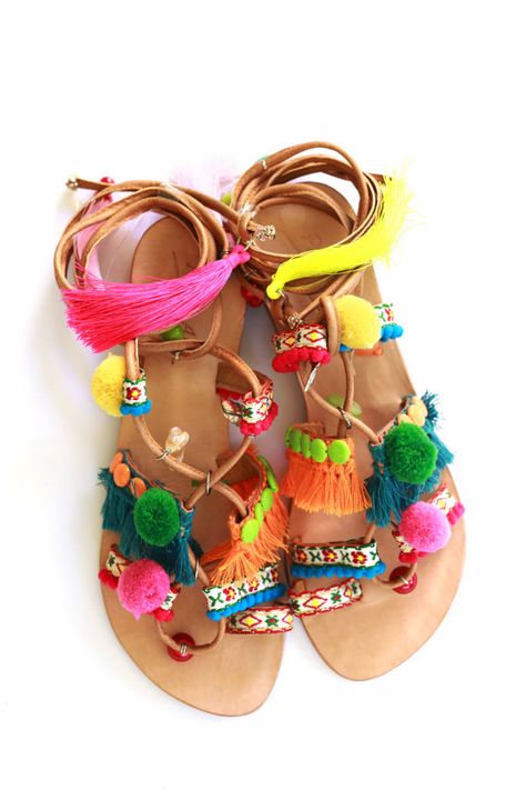 Gladiator tie up sandals Pom Pom Sandals Decorative by MimicDesign Sandals Indian, Indian Print Dress, Shoe Trend, Pom Pom Sandals, Tie Up Sandals, Indian Prints, Slipper Sandals, Beach Sandals, Pom Poms