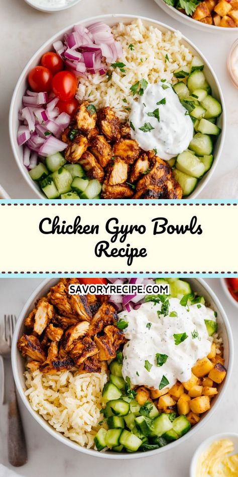 Looking for a fresh twist on dinner? These Chicken Gyro Bowls combine juicy marinated chicken with vibrant veggies and creamy tzatziki for a delightful Mediterranean experience. Perfect for a quick weeknight meal! Save this recipe for your next Mediterranean dinner idea and impress your family with bold flavors. Healthy Gyro Recipe, Healthy Gyros, Mediterranean Chicken Bowl, Gyro Bowl, High Protein Meal Ideas, Protein Meal Ideas, Gyro Salad, Tzatziki Chicken, Chicken Gyro Recipe