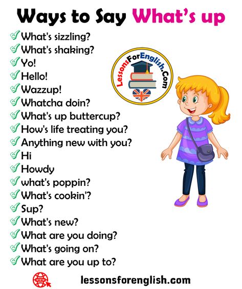 18 Ways to Say What’s up in Speaking What’s sizzling? What’s shaking? Yo! Hello! Wazzup! Whatcha doin? What’s up buttercup? How’s life treating you? Anything new with you? Hi Howdy what’s poppin? What’s cookin’? Sup? What’s new? What are you doing? What’s going on? What are you up to? How To Say How Are You, What Are You Doing, American Slang Words, Choice Quotes, Whatcha Doin, English Pronunciation Learning, English Phrases Sentences, English Learning Spoken, Essay Writing Skills