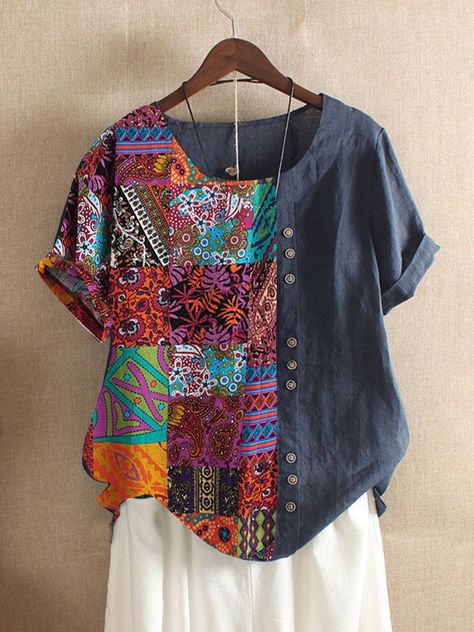 cd0dce8fca267bf1fb86cf43e18d5598desc45154018ri Womens Blouses Summer, Print Shirts Women, Patchwork Shorts, Patch Work Blouse, Folk Style, Stil Boho, Bohemian Print, Folk Fashion, Ethnic Print