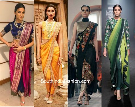 5 Reasons Why You Should Flaunt The Saree Pants This Season Pant With Saree Style, Modern Nauvari Look, Dhoti Saree Style Indian Weddings, Saree Pants Style, Saree On Pants, Dhoti Saree Look, Saree With Jeans, Sari Pants, Saree Pants