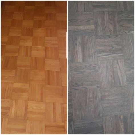 Painting Parquet Flooring, Parquet Flooring Refinish Ideas, Staining Parquet Floors, Refinishing Parquet Floors, Parkay Flooring Redo, Refinish Parquet Flooring, Refinished Parquet Floors, Parkay Flooring Ideas, Parquet Flooring Refinish