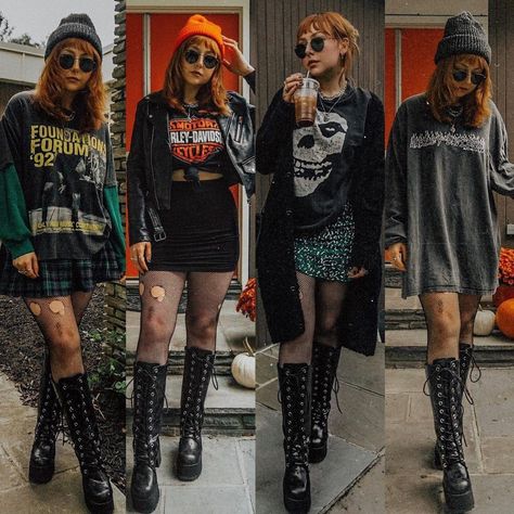 Fits With Boots, Alternative Fall Outfits, Vestidos Goth, Ripped Fishnets, Outfit Punk, October First, Alt Summer, Band Tee Outfits, Chic Outfits Edgy