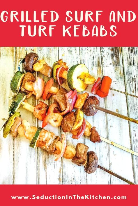 ? {Bourbon Glazed} Grilled Surf And Turf Kebabs Surf And Turf Sauce, Grilled Surf And Turf, Surf And Turf Kabobs, Surf And Turf Recipes, Kabob Party, Surf N Turf Recipes, Shrimp Kabob Recipes, Salmon Kabobs, Beef Kabob Recipes