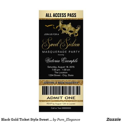 Black Gold Ticket Style Sweet 16 Masquerade Party Card Ticket style black and gold sweet sixteen masquerade party invitation with beautiful gold masquerade mask on a black and gold glitter background. This elegant black and gold sweet 16 masquerade party invitation is easily customized with your event details in the font style of your choice. You can also change the background color. Quinceanera Masquerade, Sweet 16 Masquerade Party, Gold Ticket, Masquerade Party Invitations, Sweet 16 Party Invitations, Gold Masquerade Mask, Ticket Style, Gold Glitter Background, 16th Birthday Invitations