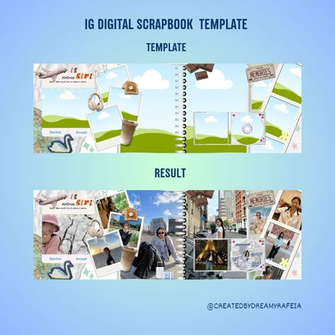 Canva Ig Template, Online Scrapbook Template, Scrapbook Journal Template, Online Scrapbook Ideas Canva, Free Canva Scrapbook Template, Free Canva Stickers, Canva Digital Scrapbook, Ig Digital Scrapbook Template, Creative Book Layout