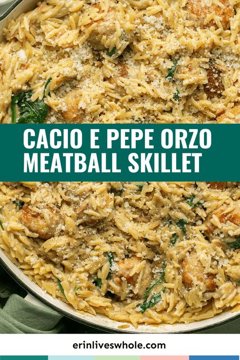 Enjoy the cheesy flavors of the classic Italian dish with this delicious Cacio e Pepe Chicken Meatball Skillet recipe. Made with lots of pecorino romano, this cheesy dish features chicken meatballs served atop a bed of creamy orzo. Meatball With Orzo, Ground Pork Orzo, Ground Chicken Fall Recipes, Meatball Orzo, Orzo Dinner Recipes, Meatball Skillet, Grape Jelly Meatballs Recipe, Creamy Orzo, Meatball Dinner