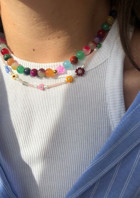 Beaded Necklace Colorful, Aesthetic Necklace Silver, Flora Necklace, Cincin Diy, Necklaces Colorful, Jewellery Beads, Accessory Inspo, Colorful Necklace, The Big City