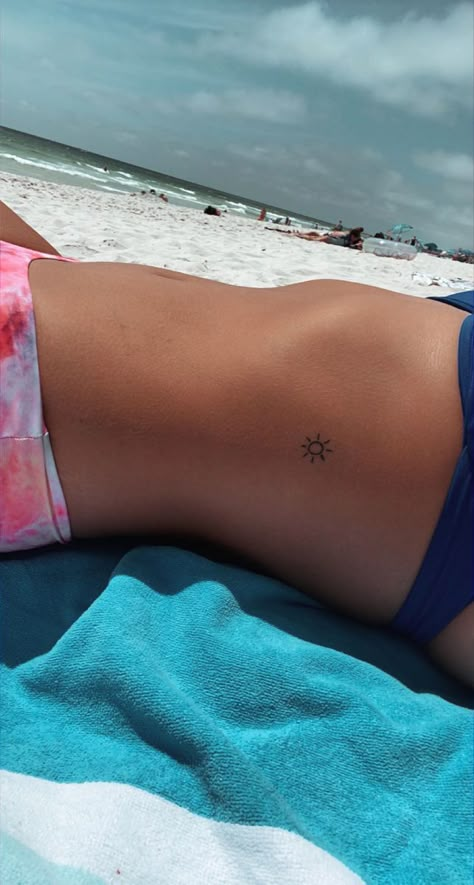 Sun Side Tattoo, Sun Tattoo With Initials, Sun On Hip Tattoo, Sunshine Rib Tattoo, Matching Sunshine Tattoos, Sum Tattoos, Sunshine Tatoos Ideas, Sun Tattoo Dainty, Sun Tattoo On Hip