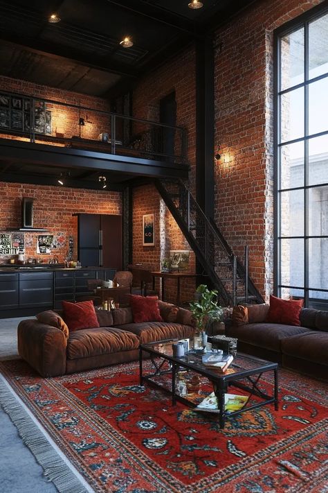 36 Industrial Living Room Design Ideas for Modern Home Decor | VIVA Brick And Black Interior, Dark Rustic Home Aesthetic, Modern Cozy Home Interior Design, Industrial Modern Apartment, Home Decor Dark Aesthetic, Industrial Eclectic Living Room, Rustic New York Apartment, Industrial Vintage Living Room, Dark Wood Apartment Aesthetic