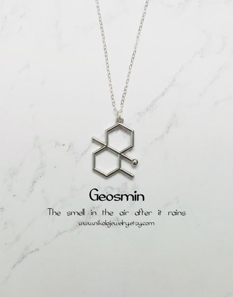 Molecule necklaces were featured on Buzzfeed and BUST magazine Geosmin Molecule Necklace in Silver. Petrichor is the term coined by Australian scientists in 1964 to describe the unique, earthy smell associated with rain. It is caused by the water from the rain, along with certain compounds like ozone, geosmin, and plant oils. Purchase includes a molecule information card, a natural jewelry box, and gift packaging. Gift? Add-on a hummingbird card for only $7: https://www.etsy.com/listing/20250697 Hummingbird Card, Chemistry Necklace, Biology Jewelry, Chemistry Jewelry, Rain Jewelry, Molecule Necklace, Science Jewelry, Information Card, Natural Jewelry