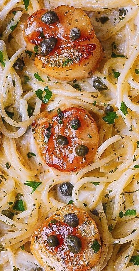 Scallop Spaghetti in Creamy White Wine Butter Garlic Sauce with Capers Scallop Recipes White Wine, Salmon With Scallops Recipe, Scallops Pasta White Wine, Romantic Lobster Dinner For Two, White Wine Scallops Pasta, Pasta And Scallop Recipes, Chicken And Scallops Recipes, Seafood Pasta With White Wine Sauce, Italian Scallops Recipe