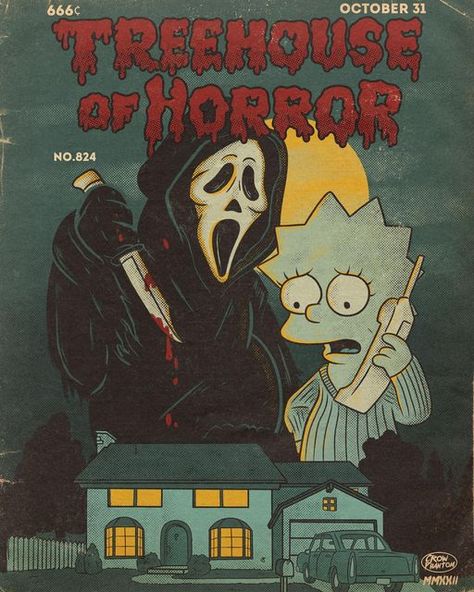 The Art Of Crow Phantom on Instagram: "It’s that time of year again! Here’s the next art piece to the “Treehouse of Horror” series for this year! Thank you all for the continuous support! Stay Spooky!🔪🎃 **Art Prints available Link in Bio** #halloweeneveryday #treehouseofhorror #simpsons #retro #vintage #vintagecomics #halloween #spooky #spookyseason #art #artist #comics #scream #ghostface" Simpsons Halloween Art, Classic Horror Art, Thank You Halloween, Spooky Cartoon Aesthetic, Treehouse Of Horror The Simpsons, Halloween Poster Aesthetic, Spooktober 2024, Scream Movie Art, Beetlejuice Artwork