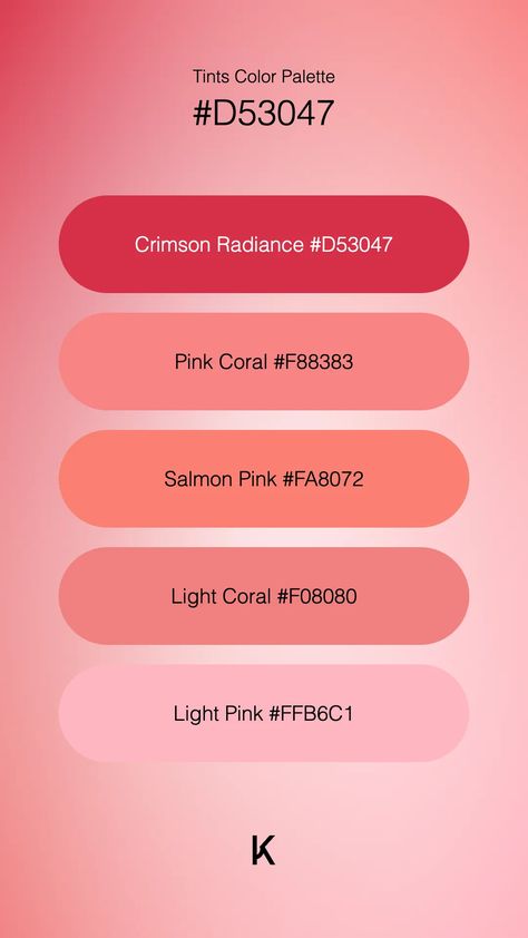 Tints Color Palette Crimson Radiance #D53047 · Pink Coral #F88383 · Salmon Pink #FA8072 · Light Coral #F08080 · Light Pink #FFB6C1 Dti Pattern Palette, Salmon Pink Color Palette, Salmon Color Palette, Dark Peach Color, Coral Colour Palette, Fiery Sunset, Salmon Pink Color, Monochromatic Color Palette, Hex Color Palette