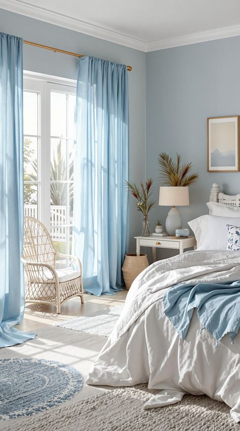 Light Blue Boho Bedroom Sky Blue Room Ideas Bedroom, Bedroom Inspo Blue, Light Blue Boho Bedroom, Blue Boho Bedroom Ideas, Blue Boho Bedroom, Light Blue Rooms, Coastal Room Decor, Light Blue Bedroom, Beach Themed Bedroom