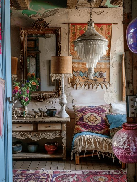 Boho Styling: Eclectic Charm in Antique Decor Bohemian Mirror Wall, Boho Old Furniture, Mirror Collage Boho, Bogo Vintage Chandelier, Hippie Livingroom Wallpaper, Bohemian Interiors, Boho Mirror, Boho Space, Rustic Backdrop