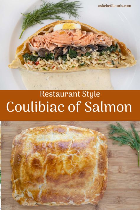 You'll love my Coulibiac of Salmon. Tender salmon layered with rice, spinach and mushrooms, wrapped in puffed pastry and served with a dijon dill sauce. Dijon Dill Sauce, Solstice Recipes, Salmon Wellington, Puffed Pastry, Savoury Tarts, Fish Dinners, Hungry Eyes, Cod Recipe, Delicious Seafood Recipes