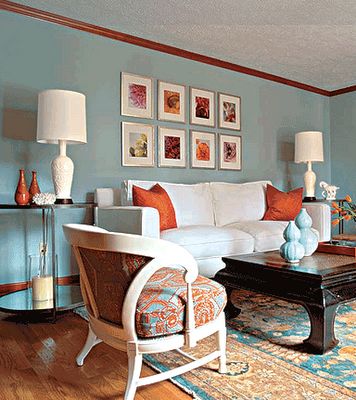 Fiorito Interior Design: Let's Talk About Color: Four Color ... Blue And Orange Living Room, Orange Rooms, House Of Turquoise, Living Room Orange, Orange Decor, Living Room White, Decor Minimalist, A Living Room, Blue Walls