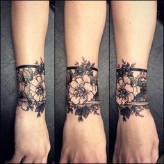 Tattoo Ideas Arm Cuff Tattoo, Flower Cover Up Tattoos, Wrist Band Tattoo, Small Wave Tattoo, Wrist Tattoo Cover Up, Cuff Tattoo, Cool Wrist Tattoos, Flower Wrist Tattoos, Cat Tattoos