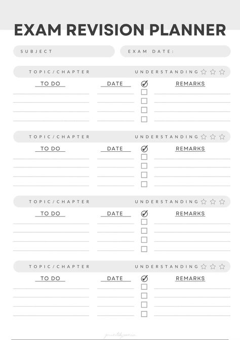 The Minimalist Exam Revision Planner includes a 1-exam revision planner, 1-revision checklist, 1-past paper tracker, a study schedule (from 5 a.m. to 10 p.m.), a basic weekly planner, an undated monthly planner, and notes. Ideal for organising students' hectic lives and ensuring a smooth exam season! All pages are printable in A4 size. Diy Academic Planner Ideas, 1 Month Study Plan For Exam, Revision Tracker, Exam Revision Planner, Exam Study Schedule, Exam Checklist, Class Topper, Exam Tracker, Revision Checklist