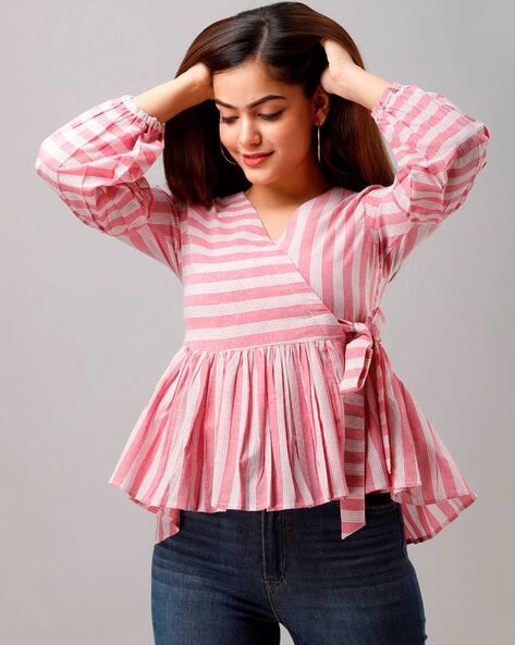 Buy Pink Tops for Women by JAIPUR VASTRA Online | Ajio.com Ajio Tops, Expensive Woman, Kurti Style, Western Top, Tie Up Top, Fancy Shirt, Sisters Dress, Western Tops, Linen Fashion