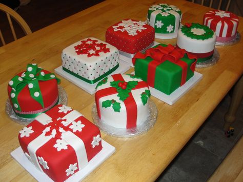 These are 9 little 6 inch cakes I made for my Mom's work Christmas party. They used them as the table centerpieces. Each one is a different flavor. I made cherry buttercream, chocolate mint, chocolate cherry and peppermint! Winter Torte, Mini Christmas Cakes, Work Christmas Party, Christmas Cake Designs, Christmas Cake Decorations, Xmas Cake, Winter Cake, Christmas Cakes, Christmas Cupcakes