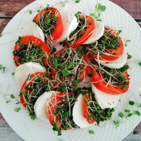 Caprese Salad With Microgreens - Cre8 at Home Micro Green Salad, Italian Caprese, Italian Caprese Salad, Canadian Dishes, Micro Greens, Pan Seared Salmon, Sauteed Chicken, Flax Seeds, Red Tomato