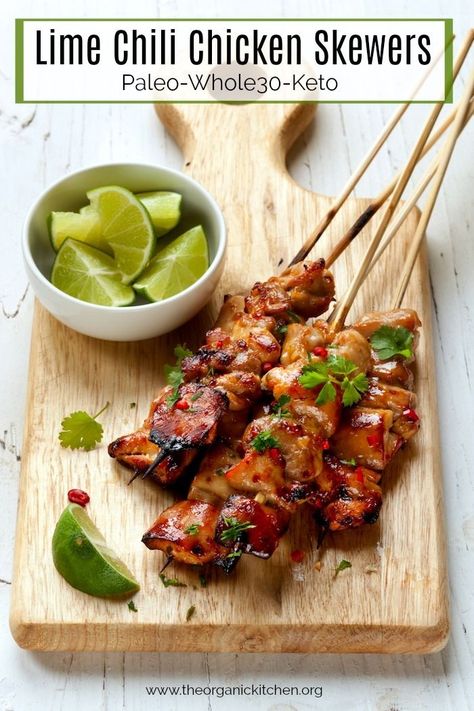 Lime Chili Chicken Skewers Thai Coconut Chicken Skewers, Thai Chicken Skewers, Thai Mad, Masters Party, Thai Coconut Chicken, Coconut Lime Chicken, Chicken Lollipops, Whole30 Chicken, Amazing Chicken