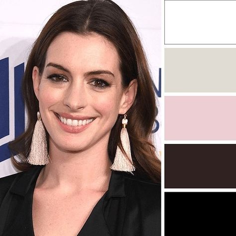 the concept wardrobe (@theconceptwardrobe) • Instagram photos and videos Deep Winter Anne Hathaway, Anne Hathaway Color Season, Anne Hathaway Color Palette, Anne Hathaway Color Analysis, Deep Winter Neutrals, Warm Brown Highlights, Season Palette, Dramatic Gamine, The Concept Wardrobe