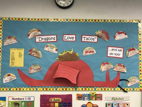 Dragons love Tacos Dragons Love Tacos Door Decorations, Dragons Love Tacos Trunk Or Treat, Dragon Bulletin Board, Antique Trunk Restoration, Trunk Restoration, Book Bulletin Board, Food Bulletin Boards, Dragons Love Tacos, Dragon Book