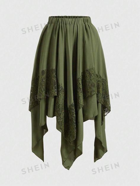 ROMWE Goth Contrast Lace Hanky Hem Skirt | SHEIN USA Kermit Costume, Melanie Concert, Hanky Hem Skirt, Fair Costume, Green Skirts, Witchy Outfits, Ren Faire Outfits, Lace Hankies, Leaf Skirt