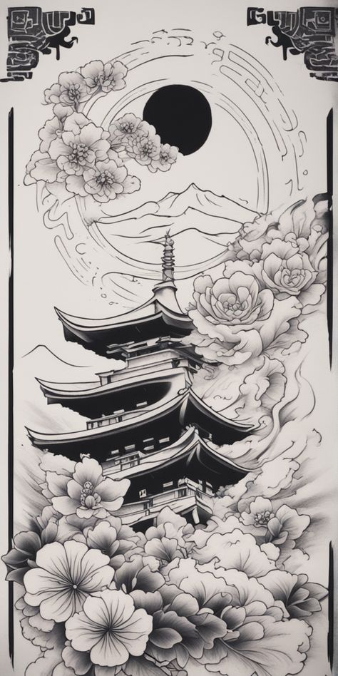 The image showcases a striking black and white Japanese tattoo in Neo-traditional style over a blank canvas. The solid black strokes blend seamlessly with intricate white lines, creating a visually engaging and artistic representation. Japanese Black Tattoo Design, Japanese Ink Painting Tattoo, Japanese Inspired Back Tattoos, Full Sleeve Tattoos Women Japanese, Japanese Tattoos Stencil, Japanese Pencil Drawing, Japanese Style Tattoo Art, Japanese Tattoo Temple, Neo Asian Tattoo