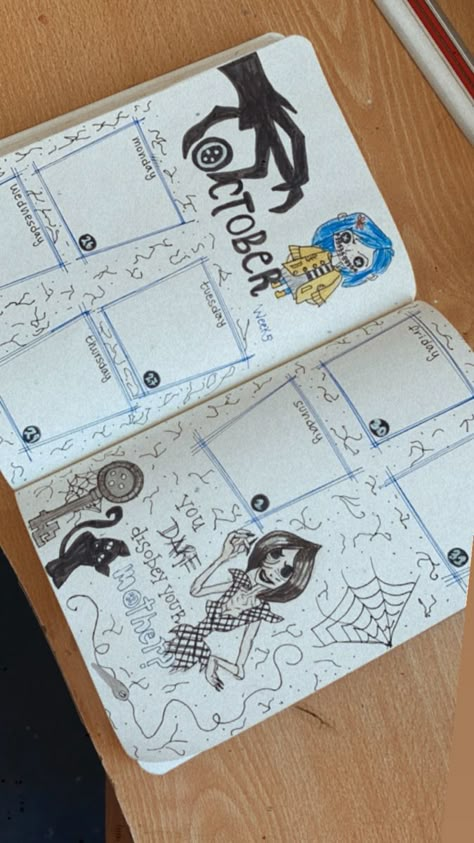 Coraline Bullet Journal, Coraline Journal, Halloween Journal Ideas, Coraline Sketch, Halloween Bujo, Halloween Coraline, Punched Tin Patterns, Aesthetic Bujo, Bullet Journal Hand Lettering