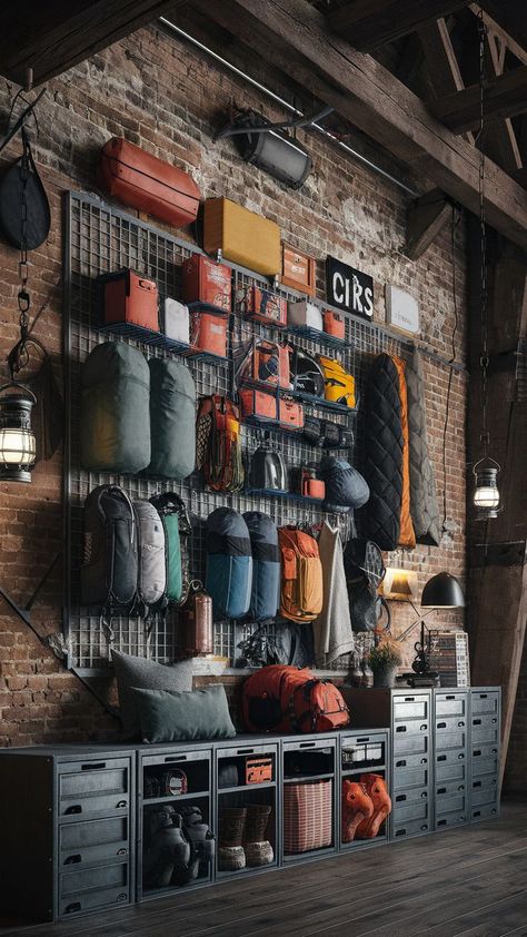 An industrial loft with a DIY metal camping gear wall, organizing outdoor gear in a functional and stylish way. Camping Gear Wall, Diy Camping Gear, Gear Room Organization, Gear Room Ideas, Outdoor Gear Organization, Outdoor Gear Storage, Camping Gear Diy, Industrial Lofts, Adventure Room