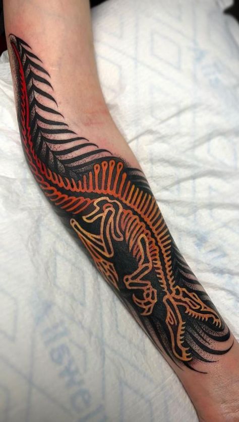 Otis Driftwood Tattoo, Dinosaur Leg Sleeve Tattoo, Deinonychus Tattoo, Dinosaur Tattoo Men, Dinasour Tattoo Men, Dino Fossil Tattoo, Cool Dinosaur Tattoos, Dinosaur Jaw Knee Tattoo, Traditional Tattoo Dinosaur