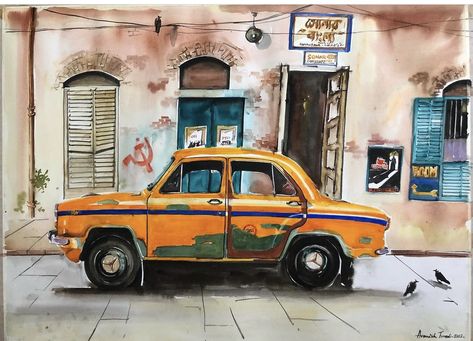 Kolkata Painting, Taxi Drawing, Car Scene, Alpona Design, Emoji Drawings, Bengali Art, East India Company, British Empire, Female Art Painting