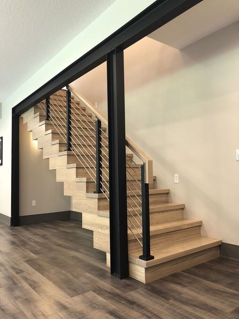 Cover Support Poles In Basement, Modern Basement Staircase, Modern Basement Stairs, Basement Stairs Open, Basement Open Ceiling, Open Stairs To Basement, Basement Column Ideas, Bar Under Stairs, Cheap Basement Remodel