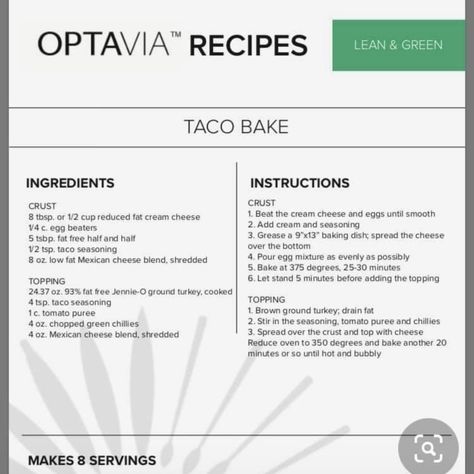 Healthier Dinners, Lean Dinners, Taco Casserole Bake, Optavia Meals, Baked Tacos Recipe, Clean Eating Menu, Health Meals, Optavia Lean And Green, Lean Protein Meals