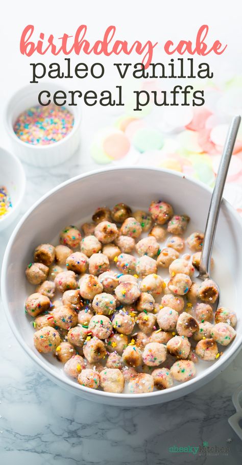 DIY Birthday Cake Cereal Puffs (Paleo) — Brooke Lark Diy Protein Cereal, Homemade Gluten Free Cereal, Homemade Captain Crunch Cereal, Homemade Cereal Healthy, Homemade Cereal Recipe, Cereal Homemade, Cereal Recipes Homemade, Paleo Cereal, Diy Cereal