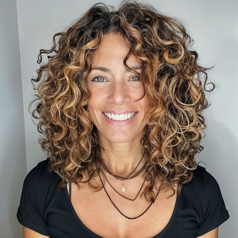 "Elegant Transformations: Gorgeous Hairstyles and Haircuts for Women Over 50. Rediscover Your Radiance! Timeless Looks for Timeless Beauty. Curly Hair Highlights Caramel Brunettes, Curly Medium Length Hair With Layers, Mid Length Curly Hair, Grey Hair Journey, Curly Shag Haircut, Curly Cuts, Honey Highlights, Medium Waves, Shaggy Long Hair