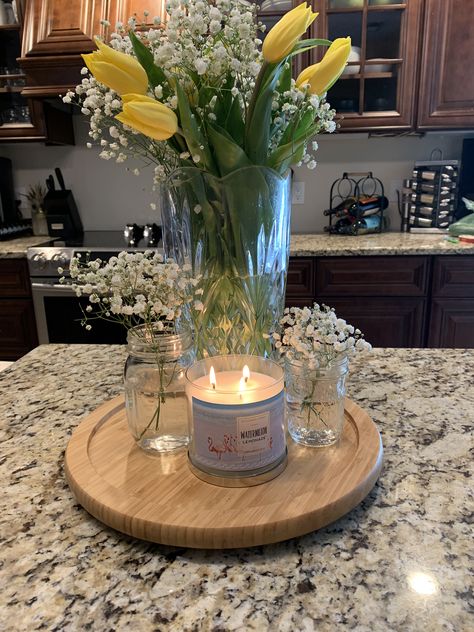 Centerpiece Ideas For Kitchen Island, Center Piece Kitchen Island, Candles On Kitchen Island, Center Piece For Small Kitchen Table, Center Piece Ideas For Home, Country Dining Table Centerpieces, Centerpieces For Small Kitchen Table, Center Piece Tray For Dining Table, Flowers On Kitchen Table