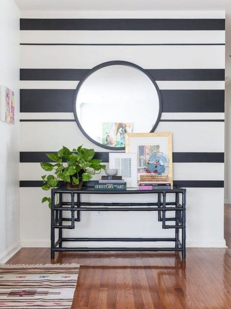 The modern entryway decor ideas in these 11 entry's are gorgeous and minimal. Perfect for a small front entrance, these ideas would be great to steal and to put in your home. Painting Stripes On Walls, Modern Entryway Decor, Creative Wall Painting, Striped Walls, Modern Entryway, Living Room Red, Wallpaper Accent Wall, Brown Living Room, In The Room