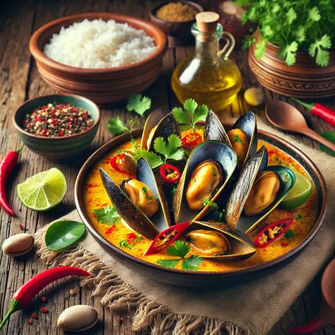 Thai Coconut Curry Mussels Fresh Mussels Recipe, Thai Curry Mussels, Curry Mussels Recipe, Thai Mussels, Coconut Curry Mussels, Curry Mussels, Thai Coconut Curry, Coconut Curry Sauce, Mussels Recipe