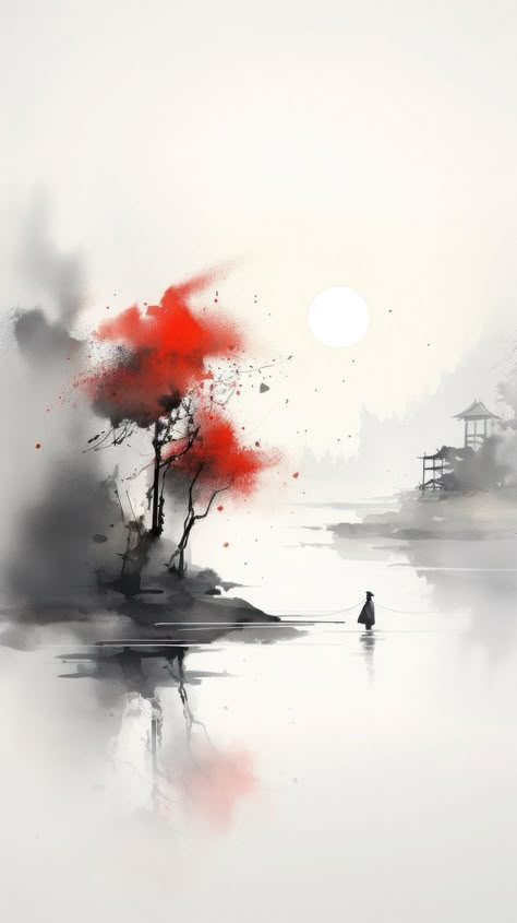 Outdoors Painting, Adult Aesthetic, Asian Artwork, Japanese Nature, Japanese Drawings, Wallpaper Mobile, Chinese Brush Painting, Painting Nature, Chinese Brush