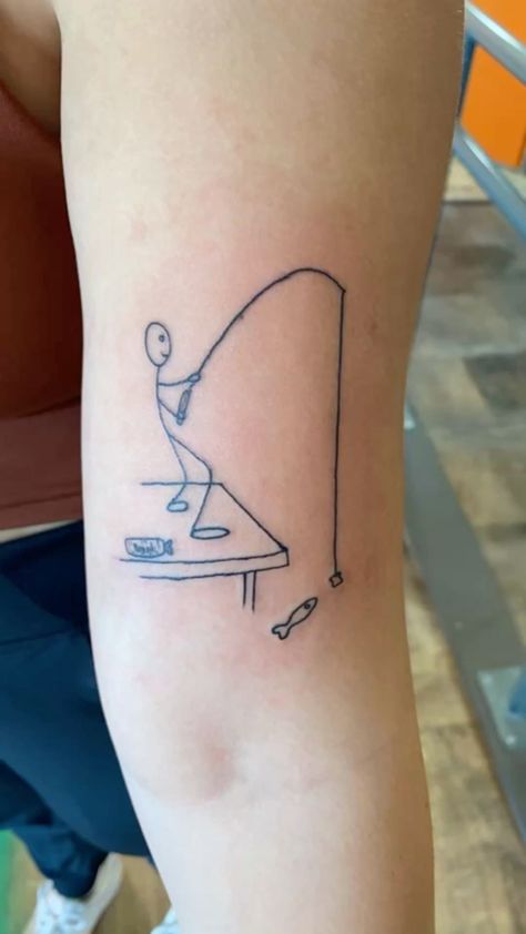 Fine line tattoo on upper arm of a stickman fishing with bread Stickman Tattoo, Tattoo On Upper Arm, Tattoo Fishing, Fine Line Tattoo, Line Tattoo, Upper Arms, Amazon Storefront, Fine Line Tattoos, Line Tattoos