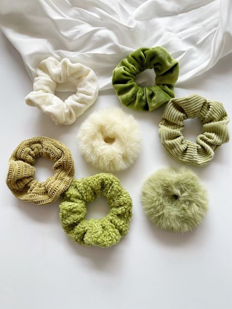 Shein Scrunchies, Schruncies Aesthetic, Scrunchies Aesthetic, Cute Scrunchies, Green Scrunchie, Diy Hair Scrunchies, Hair Tie Accessories, Hair Band For Girl, Hair Essentials