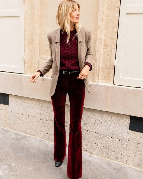 Velvet Fall Outfits, Burgundy Flare Pants Outfits, How To Wear Burgundy, Burgundy Velvet Pants Outfit, Fall 2024 Outfit Inspiration, Flare Corduroy Pants Outfit, Burgundy Corduroy Pants Outfit, Red Velvet Pants Outfit, Velvet Pants Outfit Winter