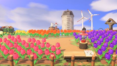 #animalcrossingnewhorizons Animal Crossing Tulip Field, Acnh Tulip Field, Acnh Farm, Tulip Field, Tulip Fields, Diy Crochet Projects, Flower Field, Mimosa, Diy Crochet