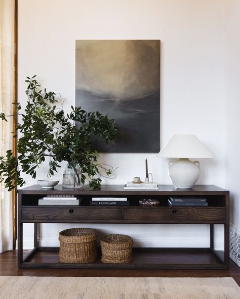 Shoppe Amber Interiors | Give new life to your console table this season. Big, bushy branches add the perfect pop of movement and height while a soft, neutral table… | Instagram Amber Interiors Design, White Washed Oak, Console Styling, Amber Lewis, Shoppe Amber Interiors, Timeless Furniture, Amber Interiors, Oak Color, Floater Frame