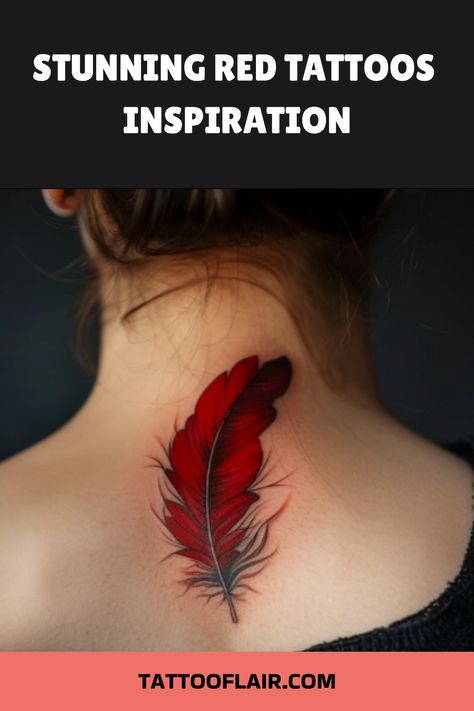 Red feather tattoo on the back of a woman's neck. Red Wrist Tattoo, Red Feather Tattoo, Red Tattoo Designs, Tattoo Red Ink, Wrist Tattoo Cover Up, Red Heart Tattoos, Tattoo Red, Red Diamonds, Statement Art Pieces